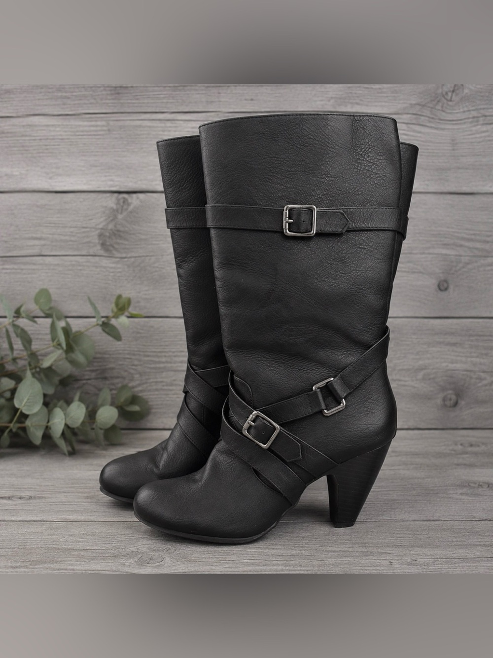 Dolce Vita Black Buckle Heel Mid-Calf Boots | Size: 6.5